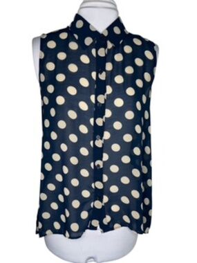 Sans Souci Polka Dot Button-Down Collared Sleeveless Hi-Lo Hem Blouse Size L